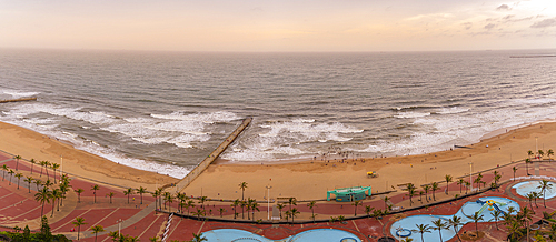 Elevated view of beaches, promenade and Indian Ocean, Durban, KwaZulu-Natal Province, South Africa, Africa