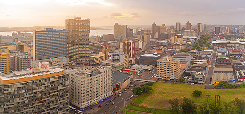 Elevated view of city skyline, Durban, KwaZulu-Natal Province, South Africa, Africa