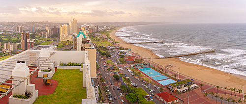 Elevated view of beaches, promenade and Indian Ocean, Durban, KwaZulu-Natal Province, South Africa, Africa