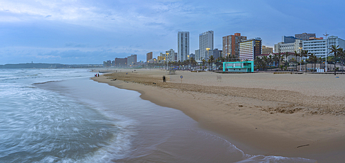 View of beaches, promenade and hotels from New Pier at dusk, Durban, KwaZulu-Natal Province, South Africa, Africa