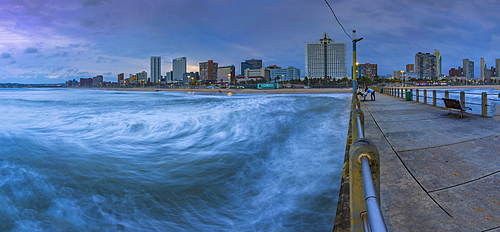 View of beaches, promenade and hotels from New Pier at dusk, Durban, KwaZulu-Natal Province, South Africa, Africa