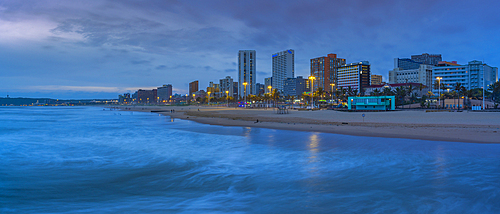 View of beaches, promenade and hotels from New Pier at dusk, Durban, KwaZulu-Natal Province, South Africa, Africa