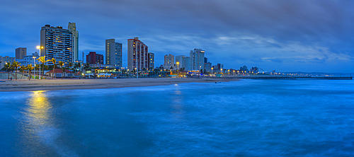 View of beaches, promenade and hotels from New Pier at dusk, Durban, KwaZulu-Natal Province, South Africa, Africa