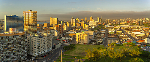 Elevated view of Durban city skyline at sunrise, Durban, KwaZulu-Natal Province, South Africa, Africa