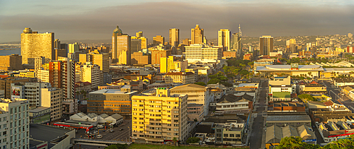 Elevated view of Durban city skyline at sunrise, Durban, KwaZulu-Natal Province, South Africa, Africa