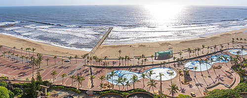 Elevated view of beaches, promenade and Indian Ocean, Durban, KwaZulu-Natal Province, South Africa, Africa