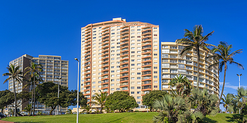 View of hotels and apartments overlooking promenade, Durban, KwaZulu-Natal Province, South Africa, Africa