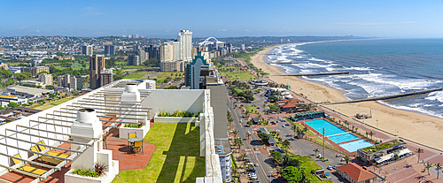 Elevated view of beaches, hotels, promenade and Indian Ocean, Durban, KwaZulu-Natal Province, South Africa, Africa