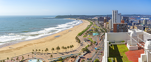 Elevated view of beaches, hotels, promenade and Indian Ocean, Durban, KwaZulu-Natal Province, South Africa, Africa