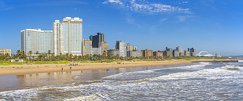 View of promenade, beach and hotels from pier in Indian Ocean, Durban, KwaZulu-Natal Province, South Africa, Africa