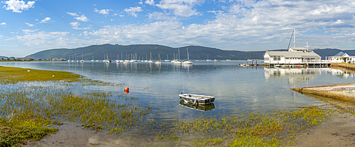 View of yachts and Knysna Yacht Club with Featherbed Nature Reserve in background, Knysna, Garden Route, Western Cape, South Africa, Africa