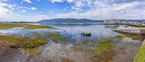 View of yachts and Knysna Yacht Club with Featherbed Nature Reserve in background, Knysna, Garden Route, Western Cape, South Africa, Africa