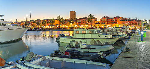 View of boats, cafe and restaurant in Hurghada Marina at dusk, Hurghada, Red Sea Governorate, Egypt, North Africa, Africa