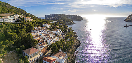 Aerial view of rugged coastline and Port d'Andratx, Majorca, Balearic Islands, Spain, Mediterranean, Europe