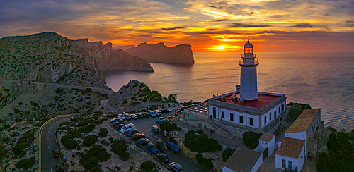 Aerial view of lighthouse at Cap Formentor at sunset, Majorca, Balearic Islands, Spain, Mediterranean, Europe