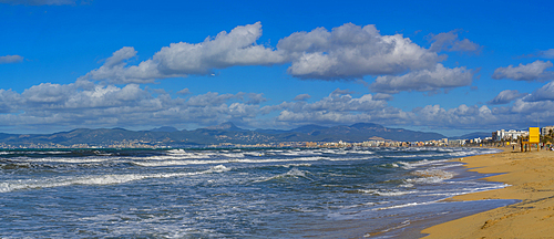 View of Playa de Palma and Palma and hills in background from S'Arenal, S'Arenal, Palma, Majorca, Balearic Islands, Spain, Mediterranean, Europe