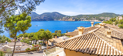 View of villlas overlooking bay at Camp de Mar, Camp de Mar, Majorca, Balearic Islands, Spain, Mediterranean, Europe