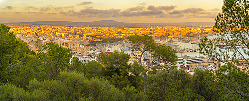 View of city skyline of Palma and cathedral from Castell de Bellver at sunset, Majorca, Balearic Islands, Spain, Mediterranean, Europe