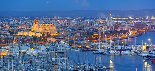 View of city skyline of Palma and cathedral from Castell de Bellver at dusk, Majorca, Balearic Islands, Spain, Mediterranean, Europe