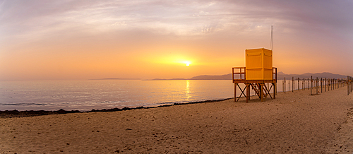 View of lifeguard watchtower at Playa de Palma at sunset, S'Arenal, Palma, Majorca, Balearic Islands, Spain, Mediterranean, Europe