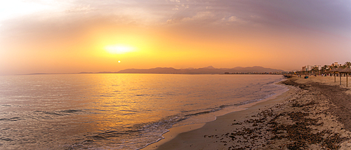 View of beach at Playa de Palma at sunset, S'Arenal, Palma, Majorca, Balearic Islands, Spain, Mediterranean, Europe