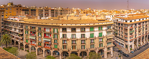 View of street and rooftops from elevated position, Palma de Mallorca, Majorca, Balearic Islands, Spain, Mediterranean, Europe