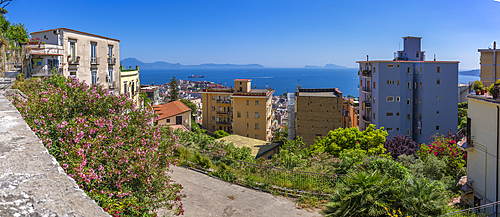 Elevated view of Naples and Amalfi Coast in background, Naples, Campania, Italy, Europe