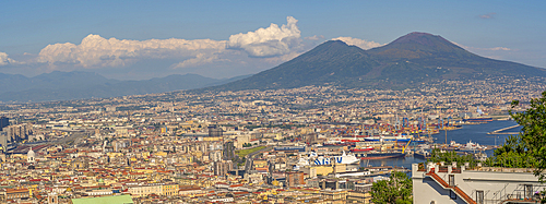 Elevated view from Castel Sant'Elmo of Naples and Mount Vesuvius in the background, Naples, Campania, Italy, Europe