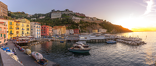 View of Sorrento harbour and Bay of Naples at sunset, Sorrento, Campania, Italy, Mediterranean, Europe