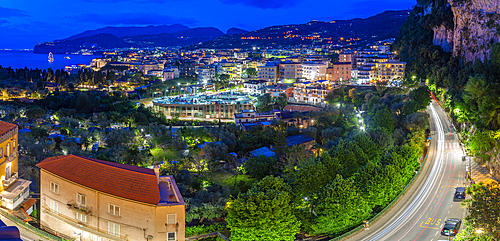 Elevated view of Sorrento at dusk, Sorrento, Campania, Italy, Mediterranean, Europe