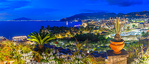 Elevated view of Mount Vesuvius and Sorrento at dusk, Sorrento, Campania, Italy, Mediterranean, Europe