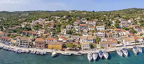 Aerial view of Gaios, the main port and harbour on the island of Paxos, Paxos, Ionian Islands, Greek Islands, Greece, Europe