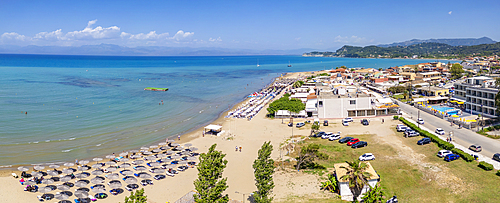 Aerial view of town and Paralia Sidari Beach, Sidari, Ionian Islands, Greek Islands, Greece, Europe