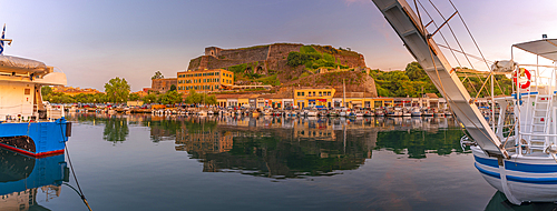 View of the New Fortress overlooking the Old Port Marina at sunset, Corfu, Ionian Sea, Greek Islands, Greece, Europe