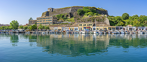 View of the New Fortress overlooking the Old Port Marina, Corfu, Ionian Sea, Greek Islands, Greece, Europe