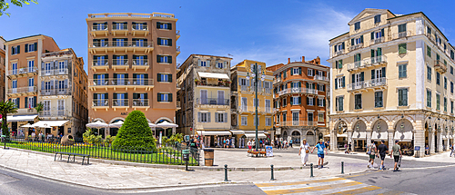 View of Pentophanaro (Five Lamps) in Place Theotoki, Corfu Town, Corfu, Ionian Sea, Greek Islands, Greece, Europe