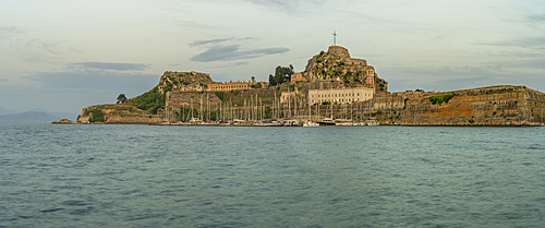 View of Old Fortress of Corfu at dusk, UNESCO World Heritage Site, Corfu Town, Corfu, Ionian Sea, Greek Islands, Greece, Europe