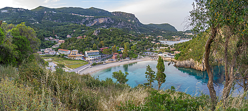 View of Agios Spiridon Beach from Monastery of Paleokastritsa at sunset, Palaiokastritsa, Corfu, Ionian Sea, Greek Islands, Greece, Europe