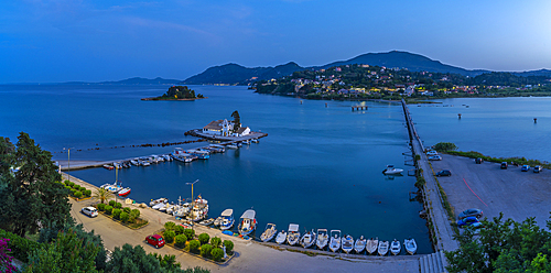 View of Holy Monastery of Panagia Vlacherna at dusk, Corfu, Ionian Sea, Greek Islands, Greece, Europe