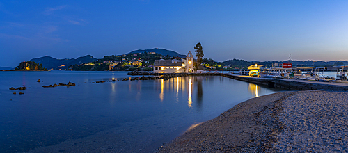 View of Holy Monastery of Panagia Vlacherna at dusk, Corfu, Ionian Sea, Greek Islands, Greece, Europe