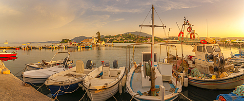 View of harbour boats and Holy Monastery of Panagia Vlacherna in Corfu Town, Corfu, Ionian Sea, Greek Islands, Greece, Europe