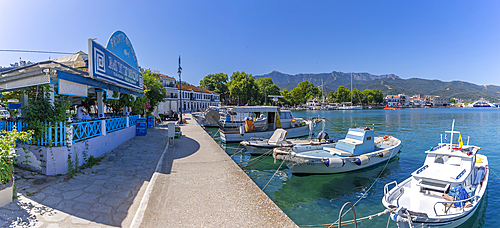 View of boats and harbour in Thassos Town, Thassos, Aegean Sea, Greek Islands, Greece, Europe