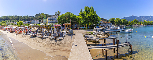 View of beach and sea in Thassos Town, Thassos, Aegean Sea, Greek Islands, Greece, Europe