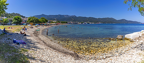 View of beach and sea in Thassos Town, Thassos, Aegean Sea, Greek Islands, Greece, Europe