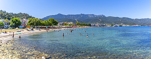 View of beach and sea in Thassos Town, Thassos, Aegean Sea, Greek Islands, Greece, Europe