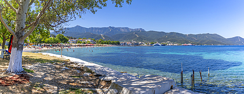 View of beach and sea in Thassos Town, Thassos, Aegean Sea, Greek Islands, Greece, Europe