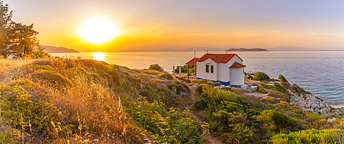 View of Church of the Holy Apostles in Thassos Town at sunset, Thassos, Aegean Sea, Greek Islands, Greece, Europe