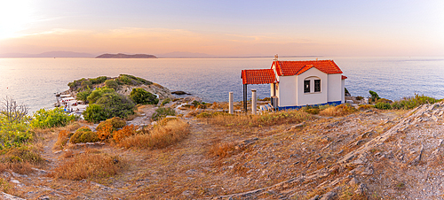 View of Church of the Holy Apostles in Thassos Town at sunset, Thassos, Aegean Sea, Greek Islands, Greece, Europe