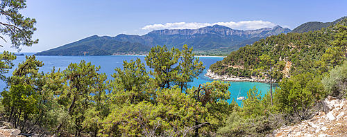 View of coastline and sea near Chrysi Ammoudia, Thassos, Aegean Sea, Greek Islands, Greece, Europe