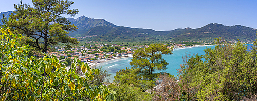 View of trees and Golden Beach at Chrysi Ammoudia, Thassos, Aegean Sea, Greek Islands, Greece, Europe